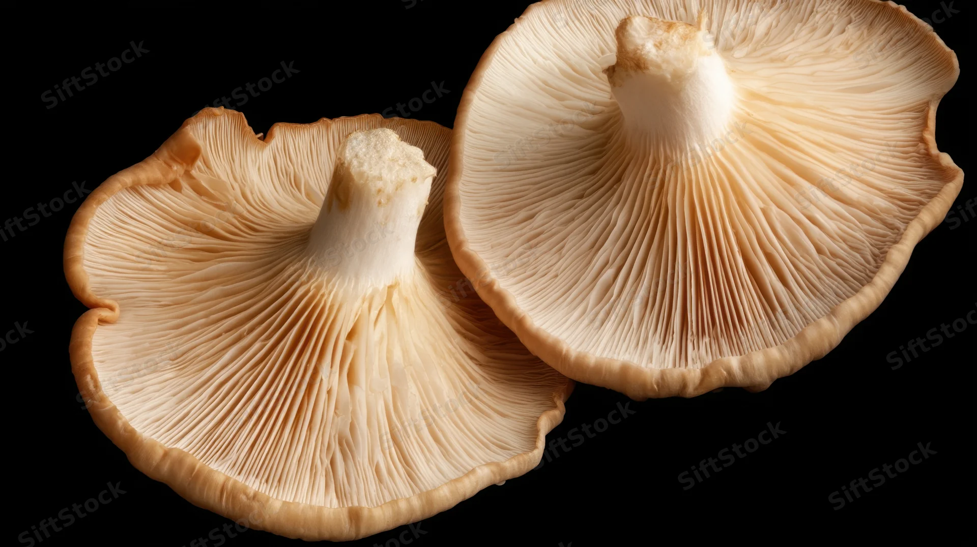 Two oyster mushrooms shown in closeup with gills and stems visible against black background