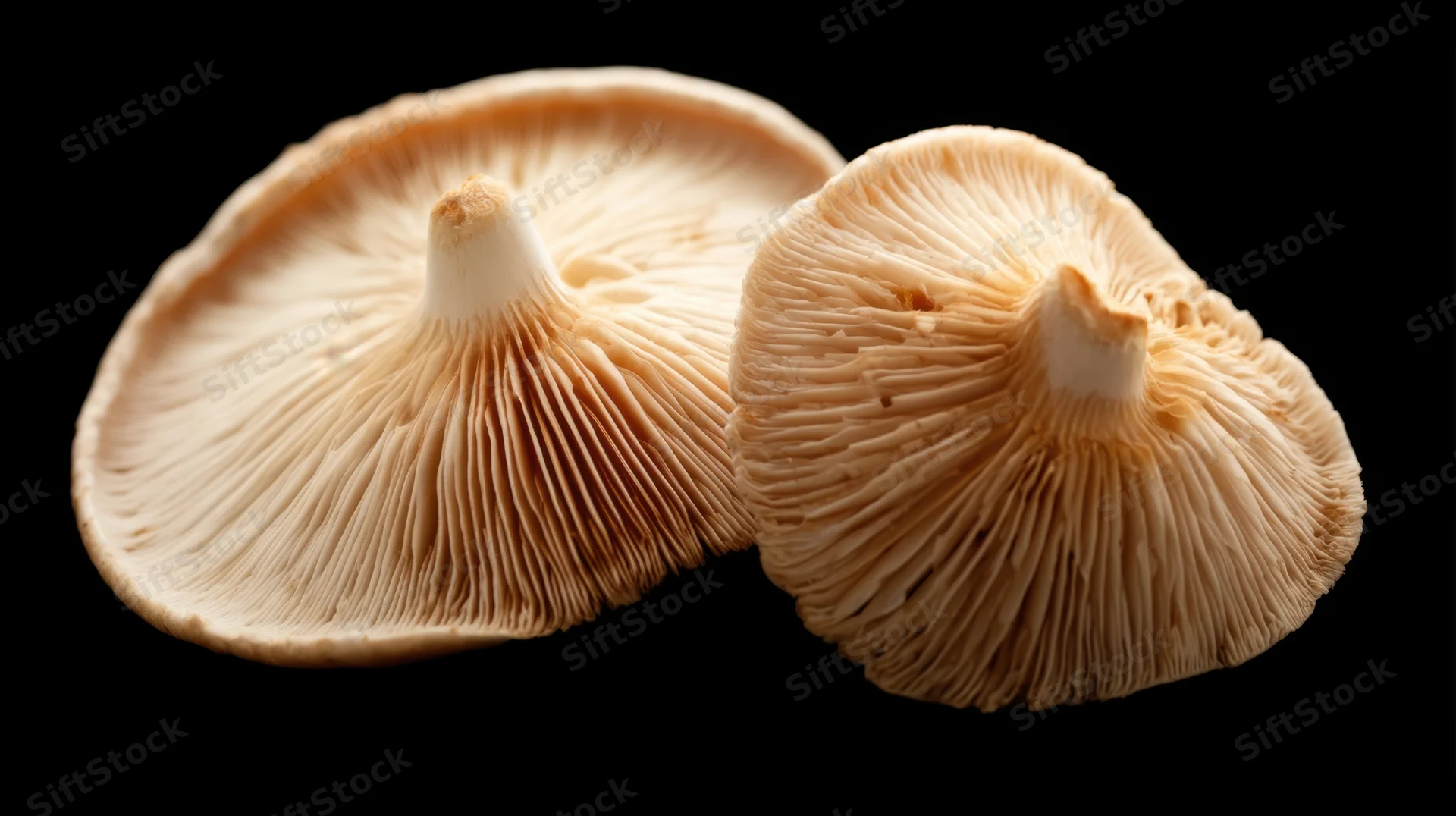 Two mushrooms shown in closeup with gills and stems visible against black background