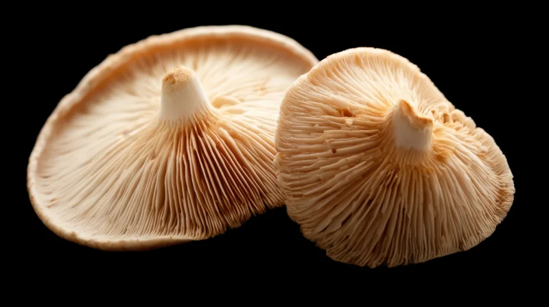 Two mushrooms shown in closeup with gills and stems visible against black background