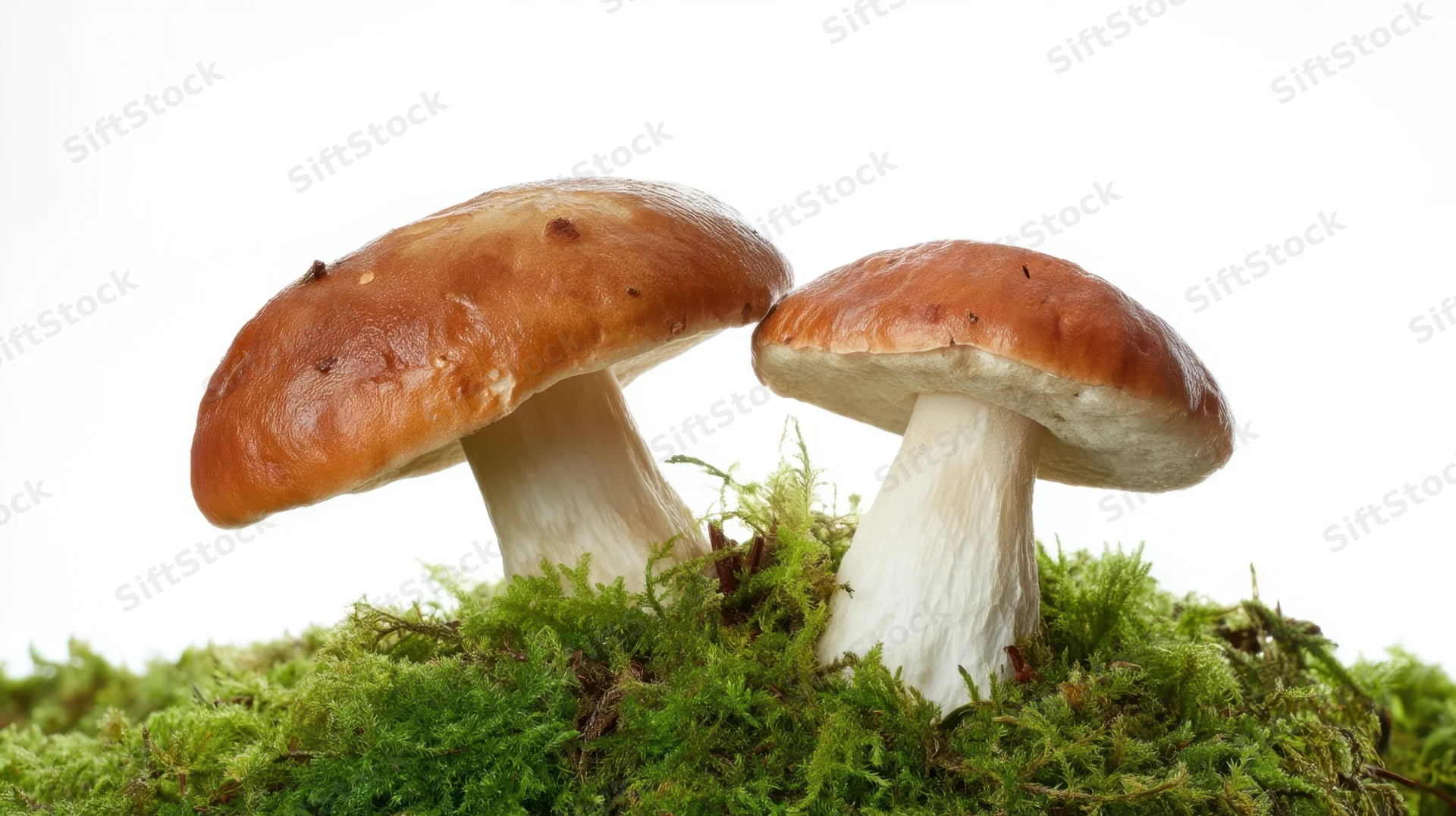 Two porcini mushrooms growing on moss against a white background