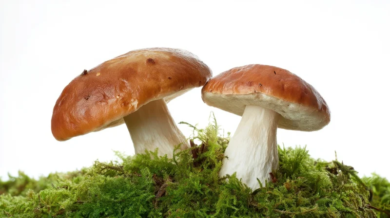 Two porcini mushrooms growing on moss against a white background