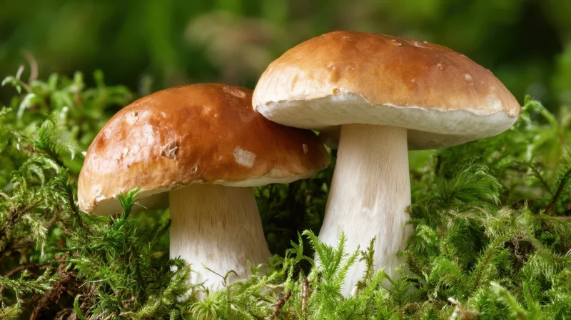 Two porcini mushrooms growing in mossy forest ground