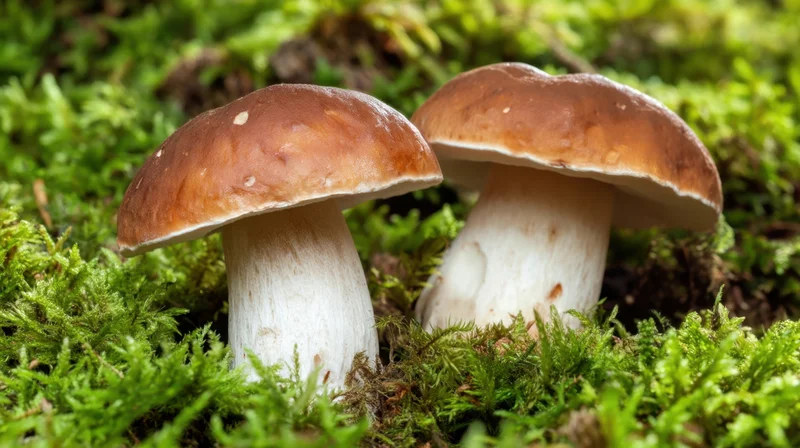 Two porcini mushrooms growing in moss on forest floor