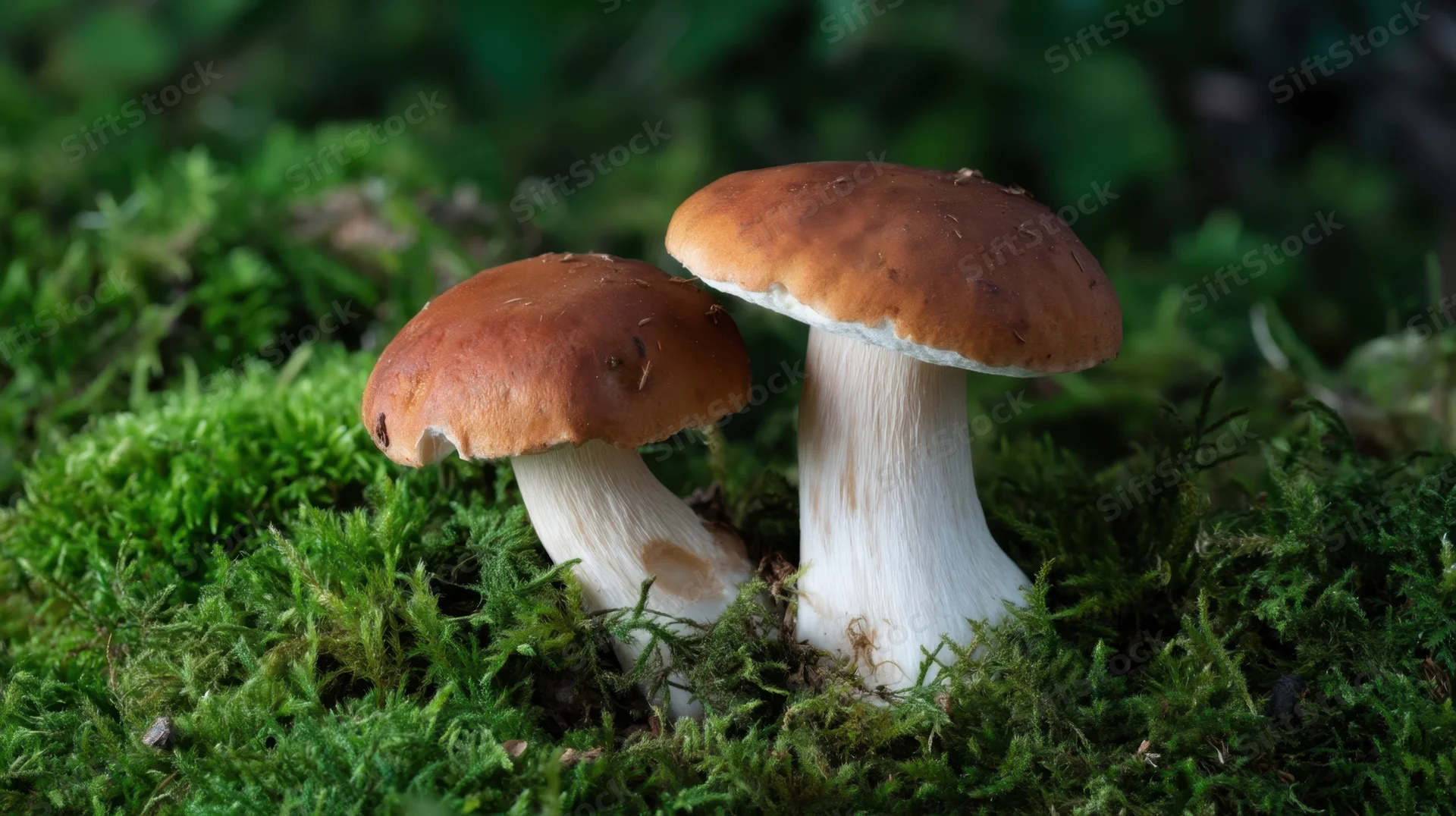 Two porcini mushrooms growing in mossy forest ground