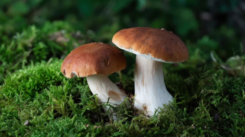 Two porcini mushrooms growing in mossy forest ground