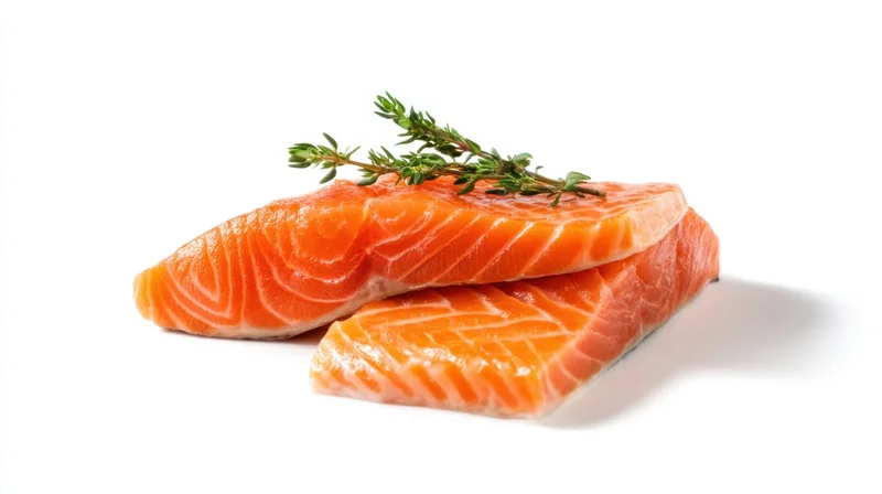 Two raw salmon fillets with thyme garnish on white background