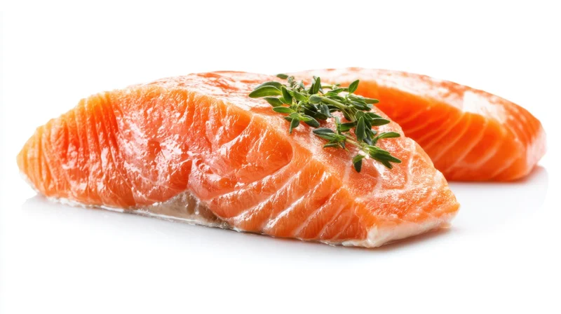 Two raw salmon fillets garnished with thyme on a white surface