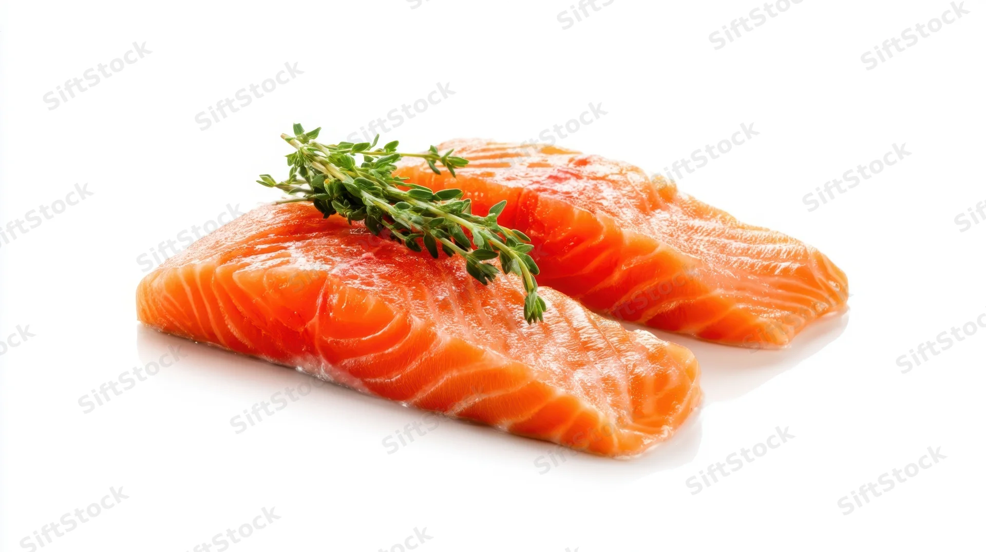 Two raw salmon fillets with thyme garnish on white background
