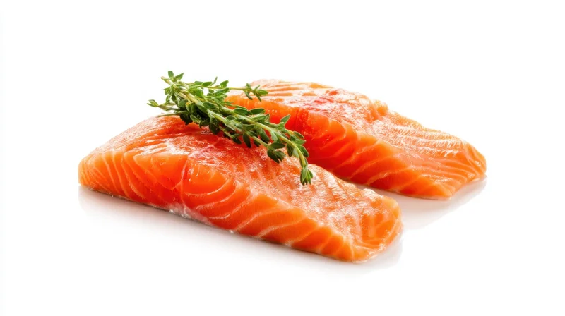 Two raw salmon fillets with thyme garnish on white background