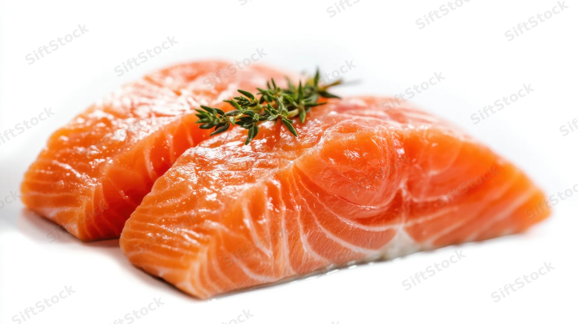 Two raw salmon fillets with thyme garnish on white background