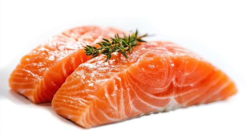 Salmon fillet on white background garnished with fresh thyme and natural marbling