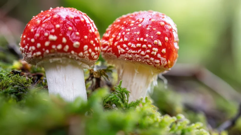 Two red and white spotted mushrooms growing on moss in a forest closeup