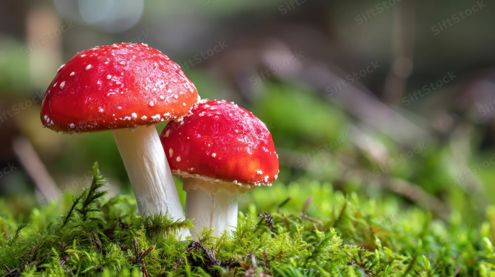 Two red and white amanita mushrooms growing on green moss in a forest setting