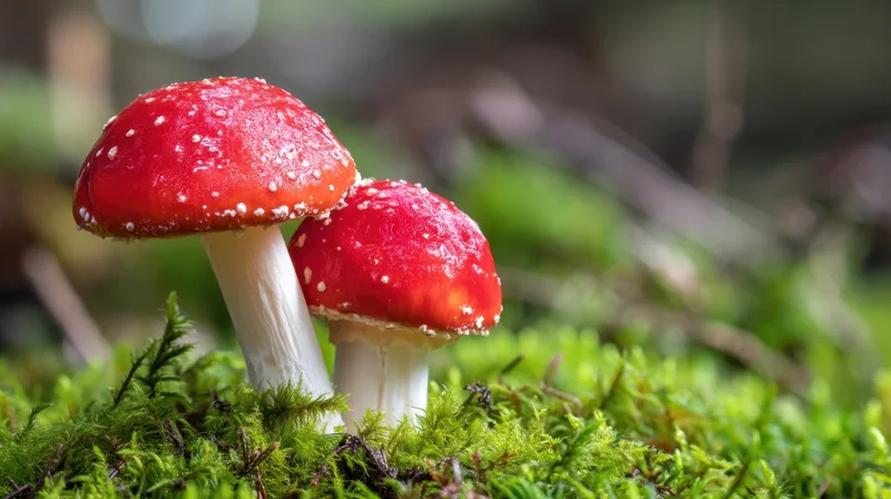Two red and white amanita mushrooms growing on green moss in a forest setting