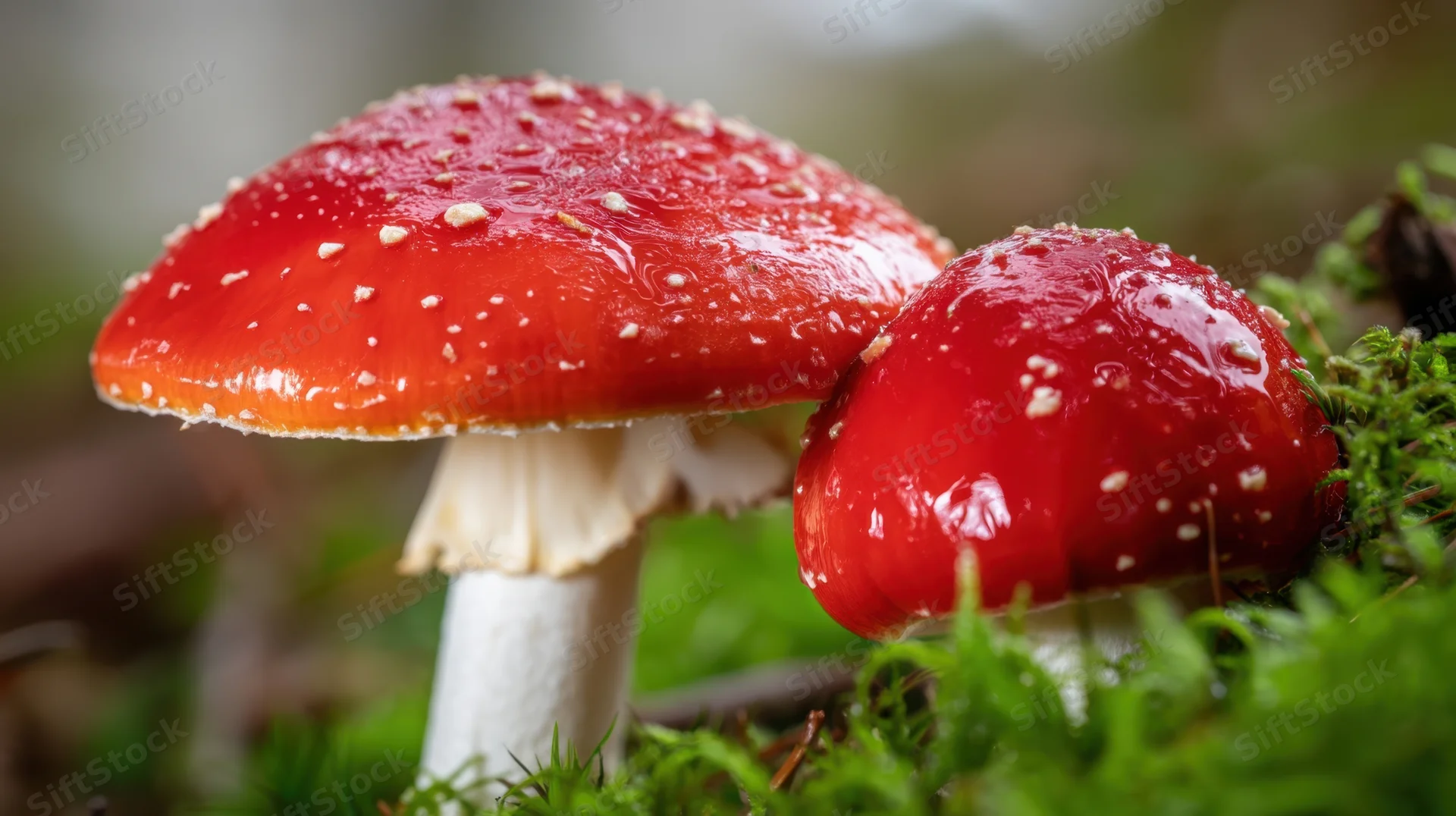 Two red and white mushrooms growing in mossy forest ground