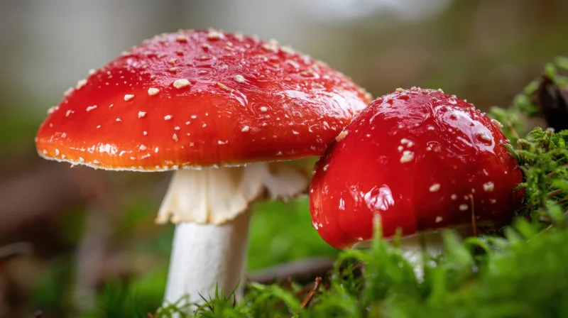 Two red and white mushrooms growing in mossy forest ground