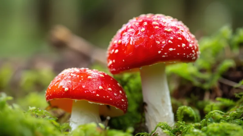 Two red and white mushrooms growing on moss in a forest floor closeup