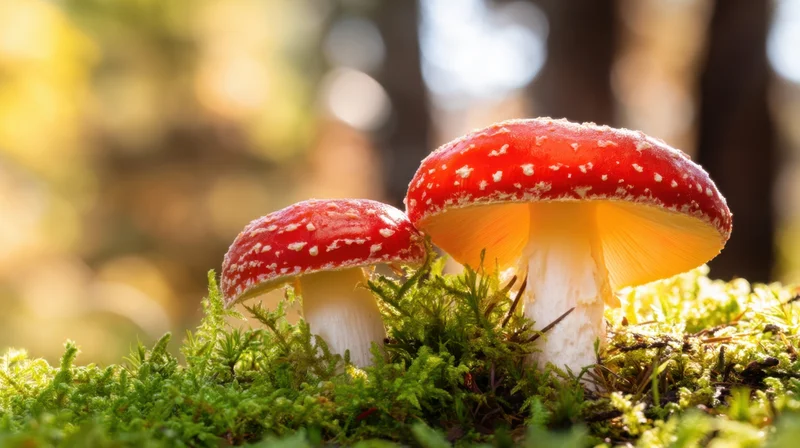 Two red-capped mushrooms with white spots growing on moss in a sunlit forest floor