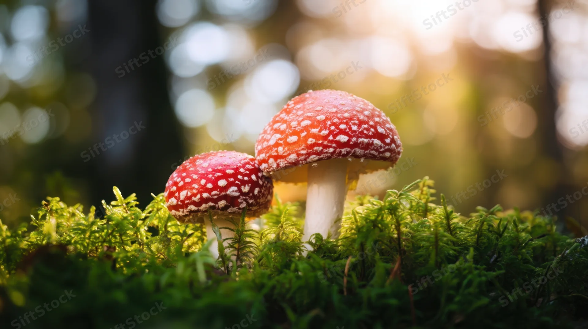 Two red and white mushrooms growing on green moss in a sunlit forest