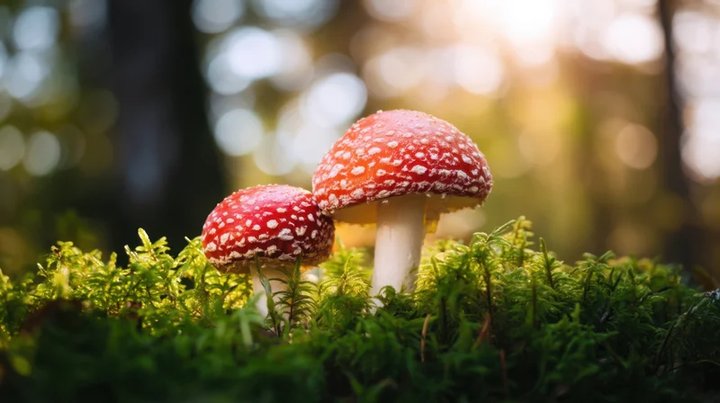 Two red and white mushrooms growing on green moss in a sunlit forest