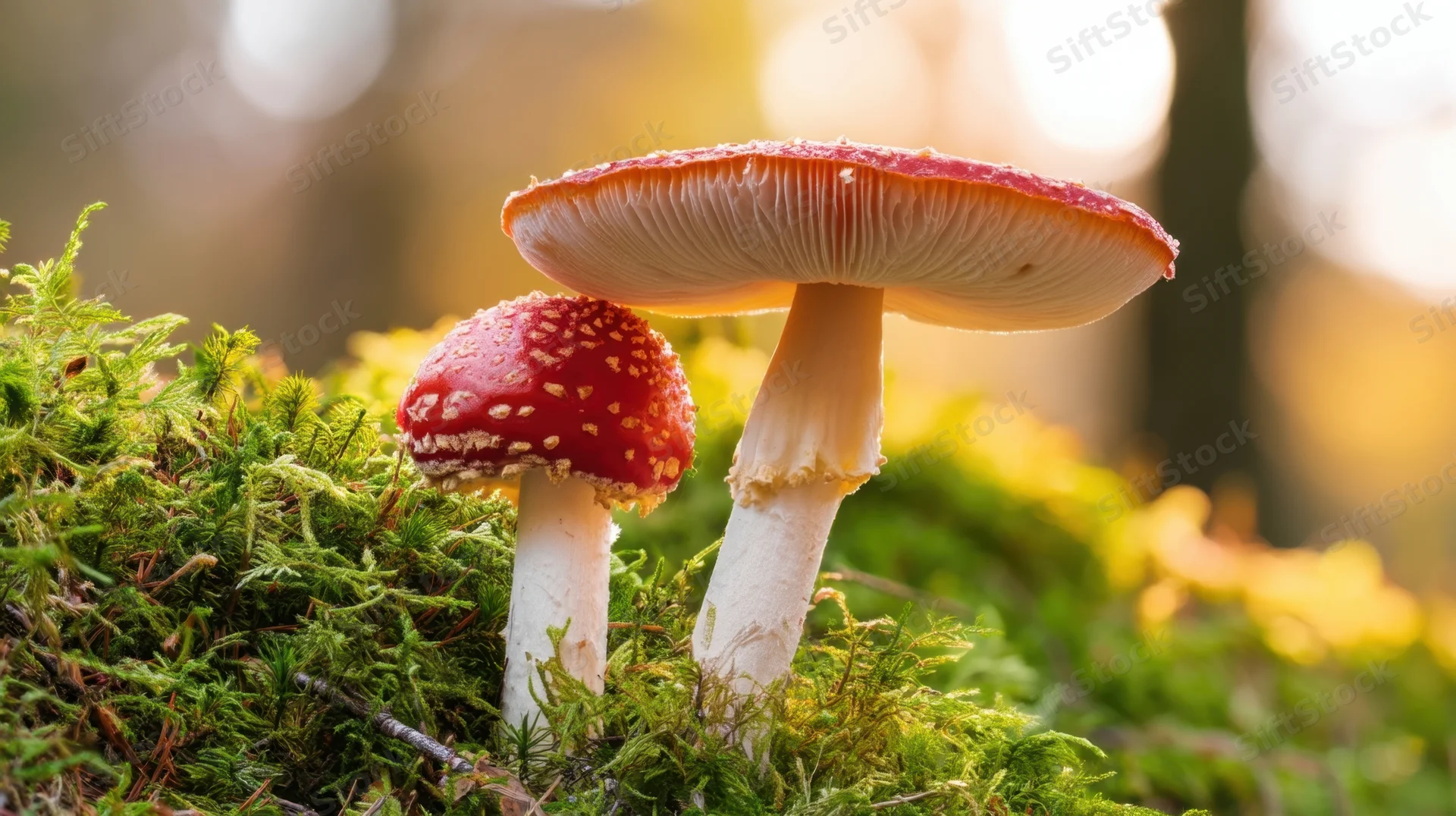 Two red-capped mushrooms growing on moss in a sunlit forest floor