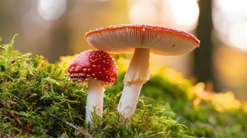 Two red-capped mushrooms growing on moss in a sunlit forest floor