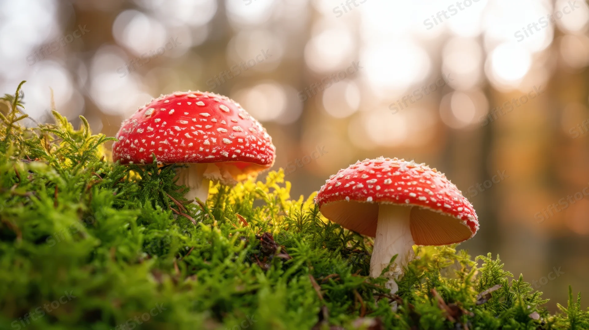 Two red and white mushrooms growing on green moss in a forest setting