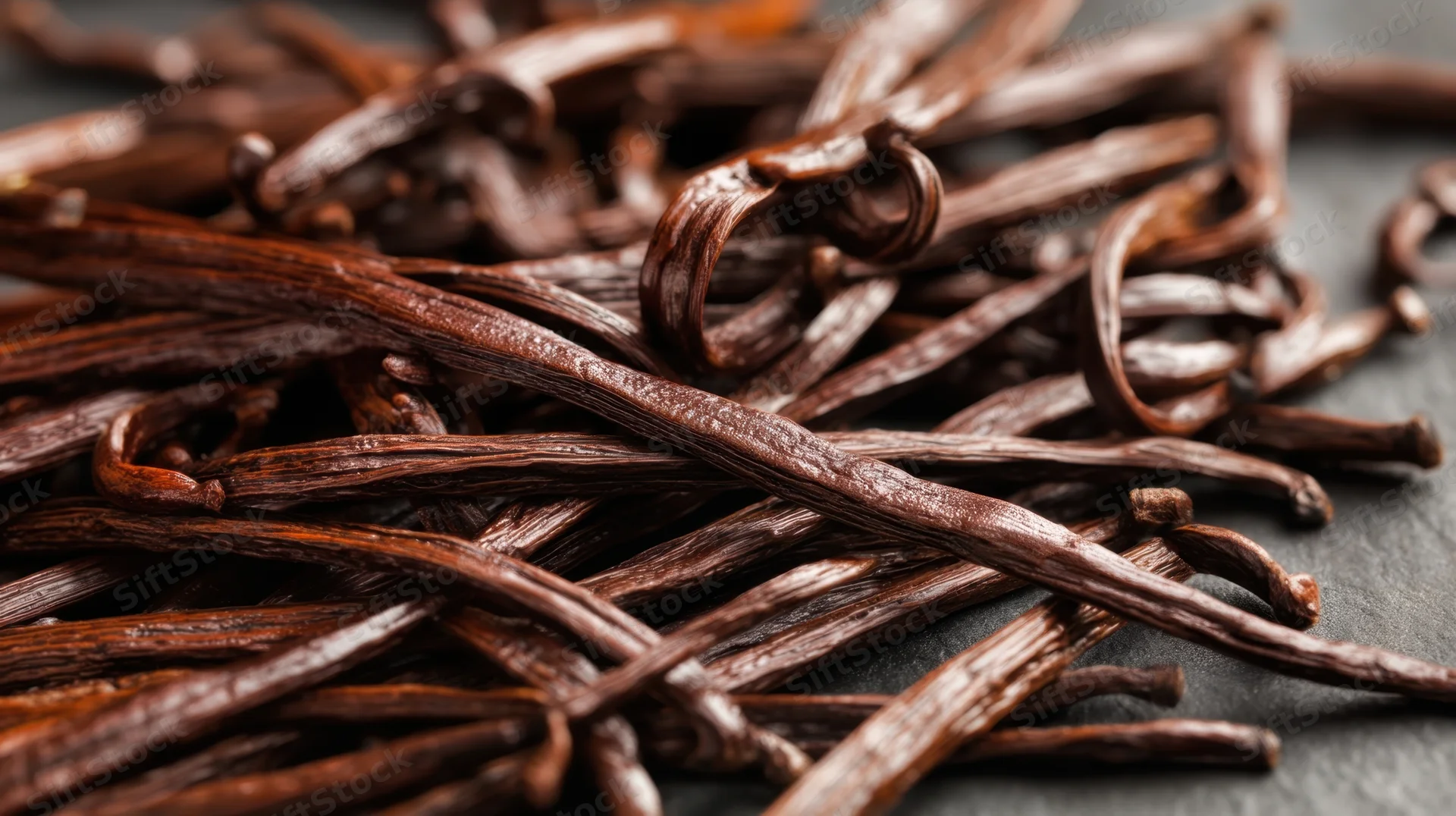 Dried vanilla beans piled on a dark stone surface