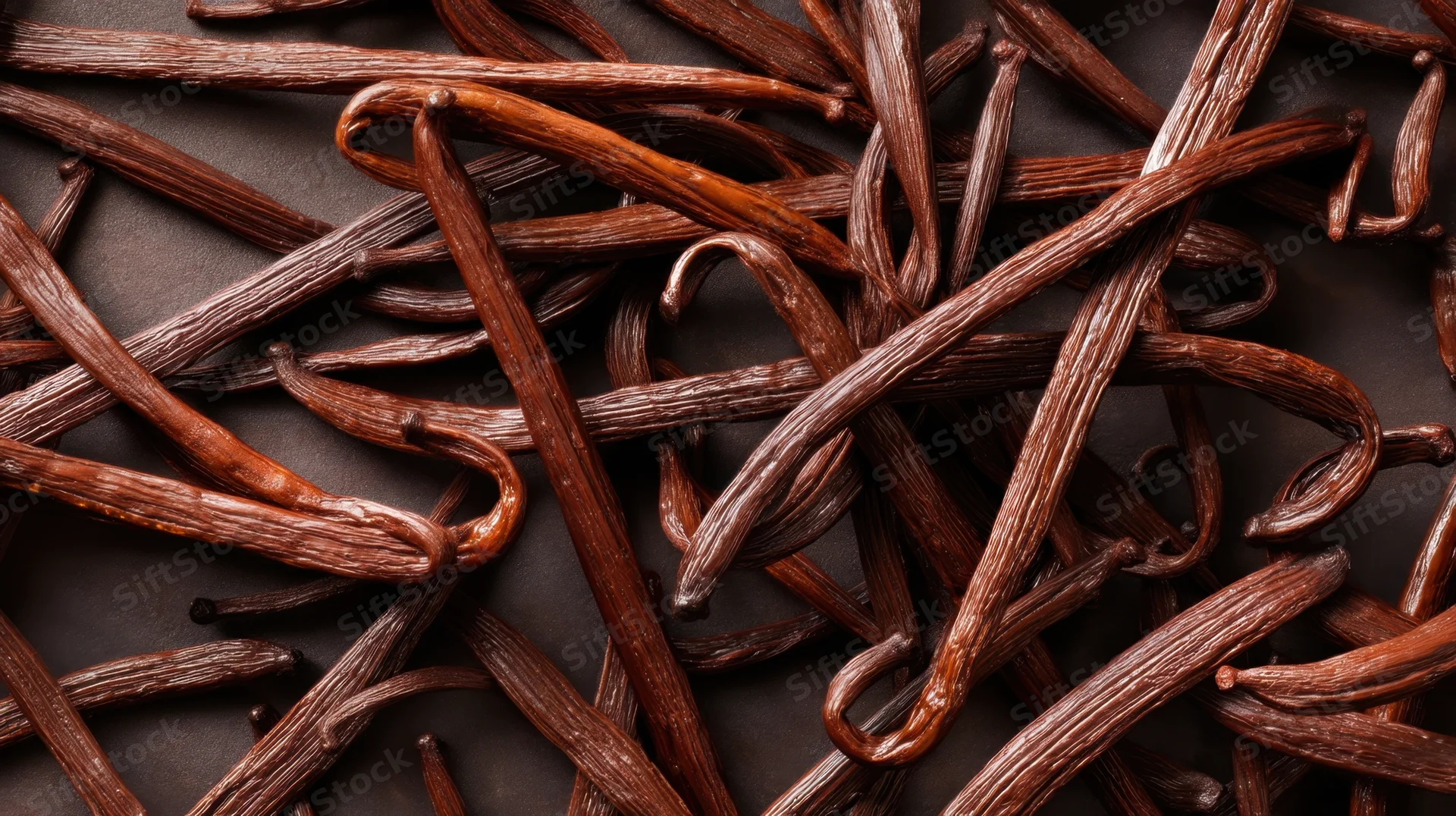 Dried vanilla beans piled on a dark surface in a close-up flat lay view