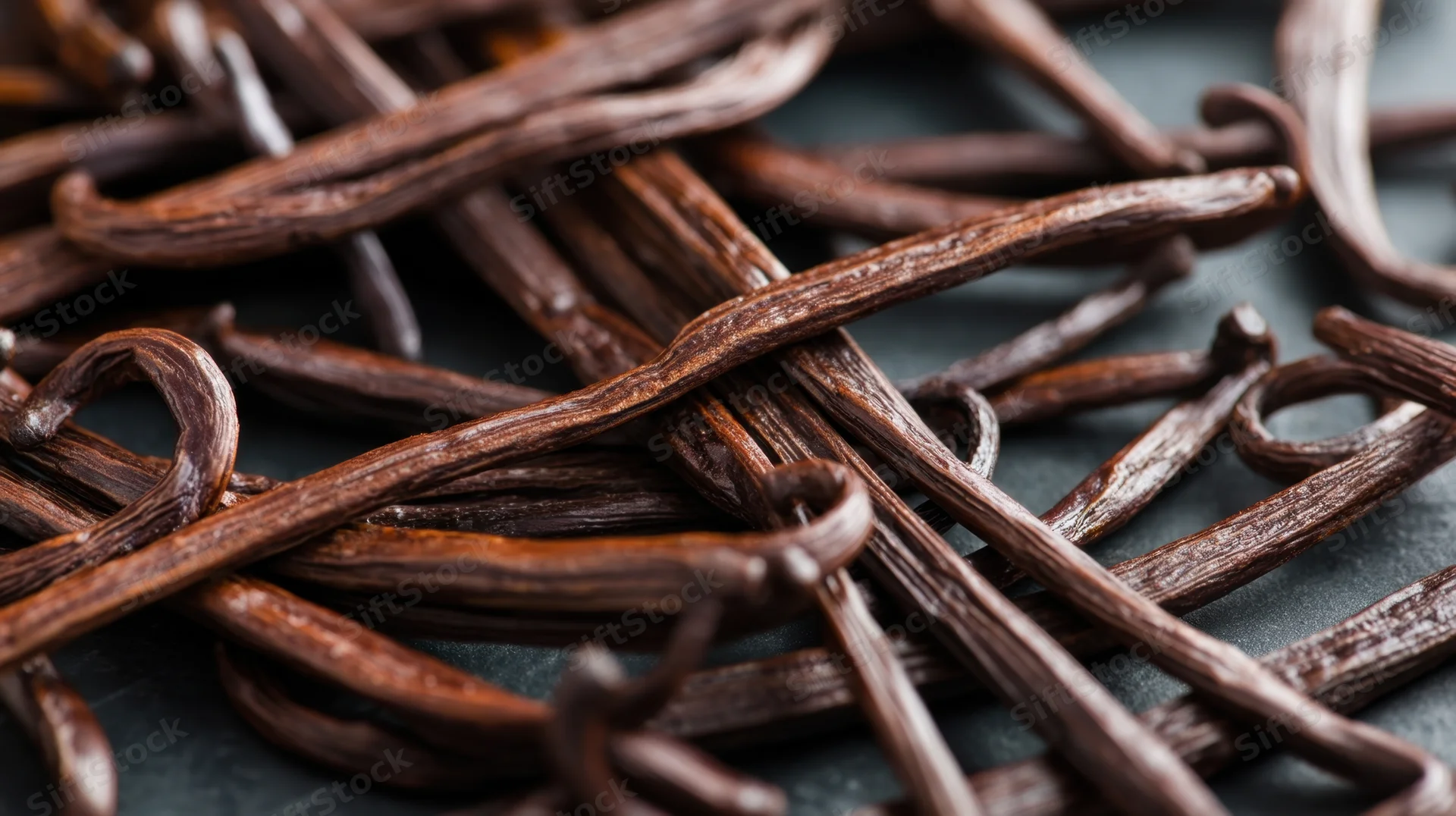 Dried vanilla beans piled on a dark slate surface in close-up view