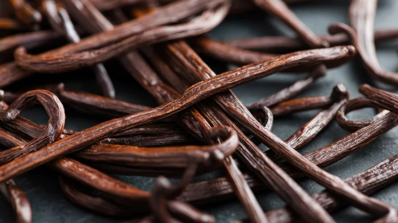 Dried vanilla beans piled on a dark slate surface in close-up view