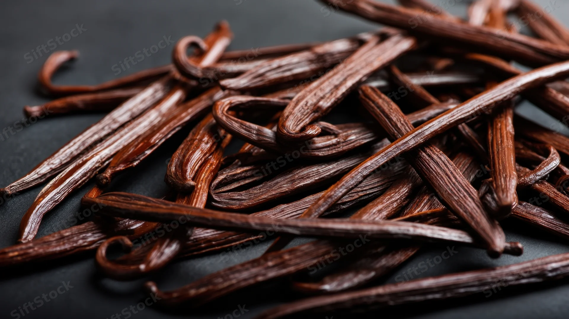 Dried vanilla beans piled on a dark surface in closeup view