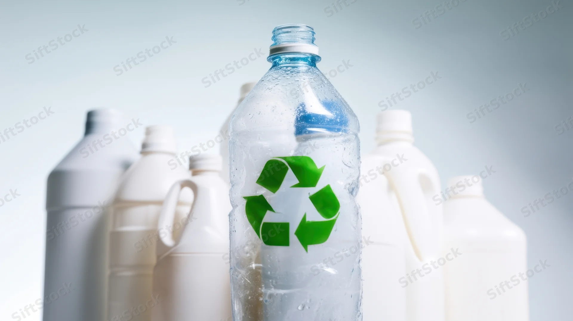 Clear plastic bottle with green recycling symbol in front of white jugs on light background