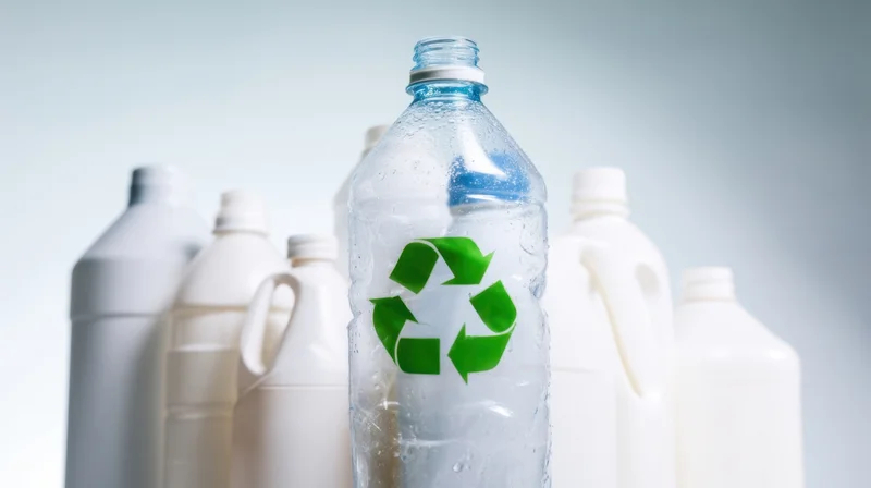 Clear plastic bottle with green recycling symbol in front of white jugs on light background