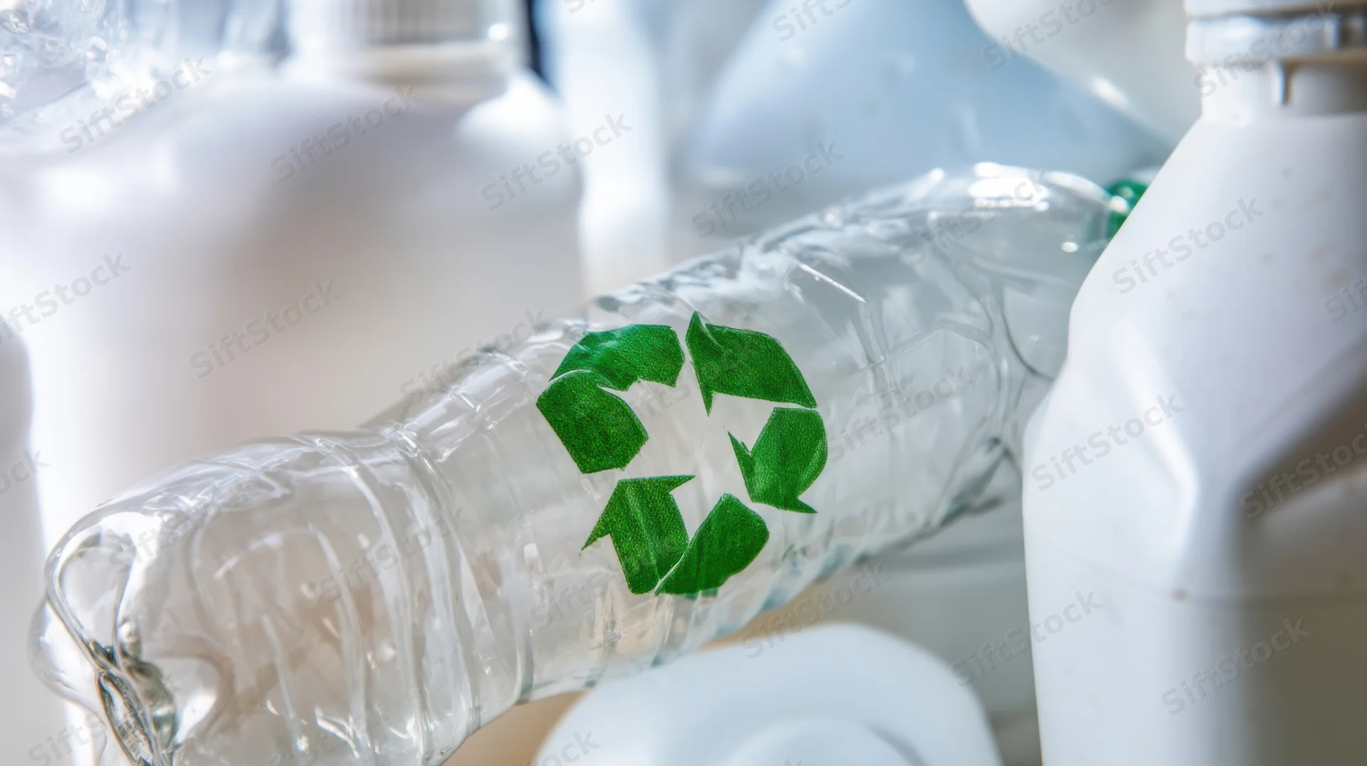 Crumpled plastic bottle with green recycling symbol among white containers