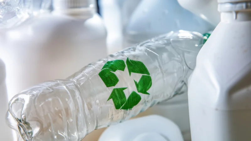 Crumpled plastic bottle with green recycling symbol among white containers