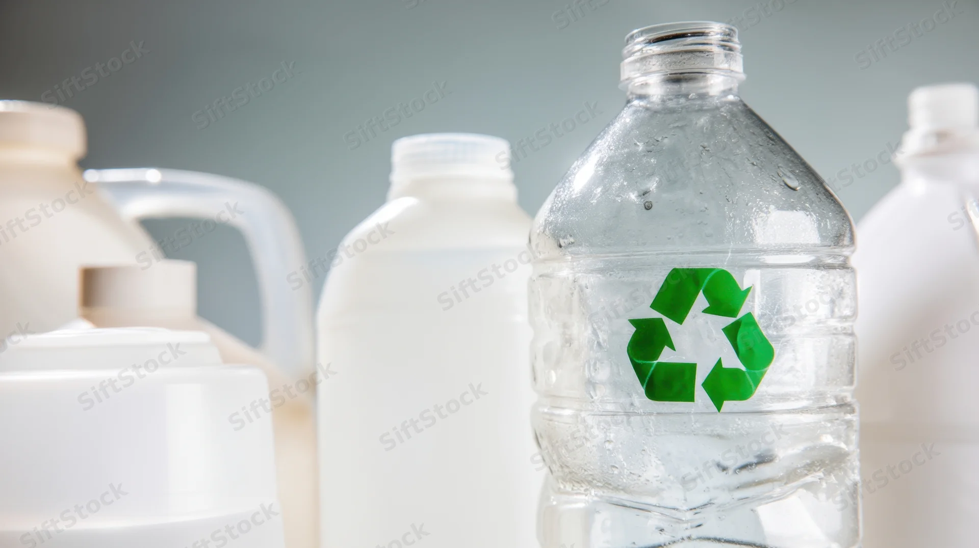 Clear plastic bottle with green recycling symbol among various white containers on gray background