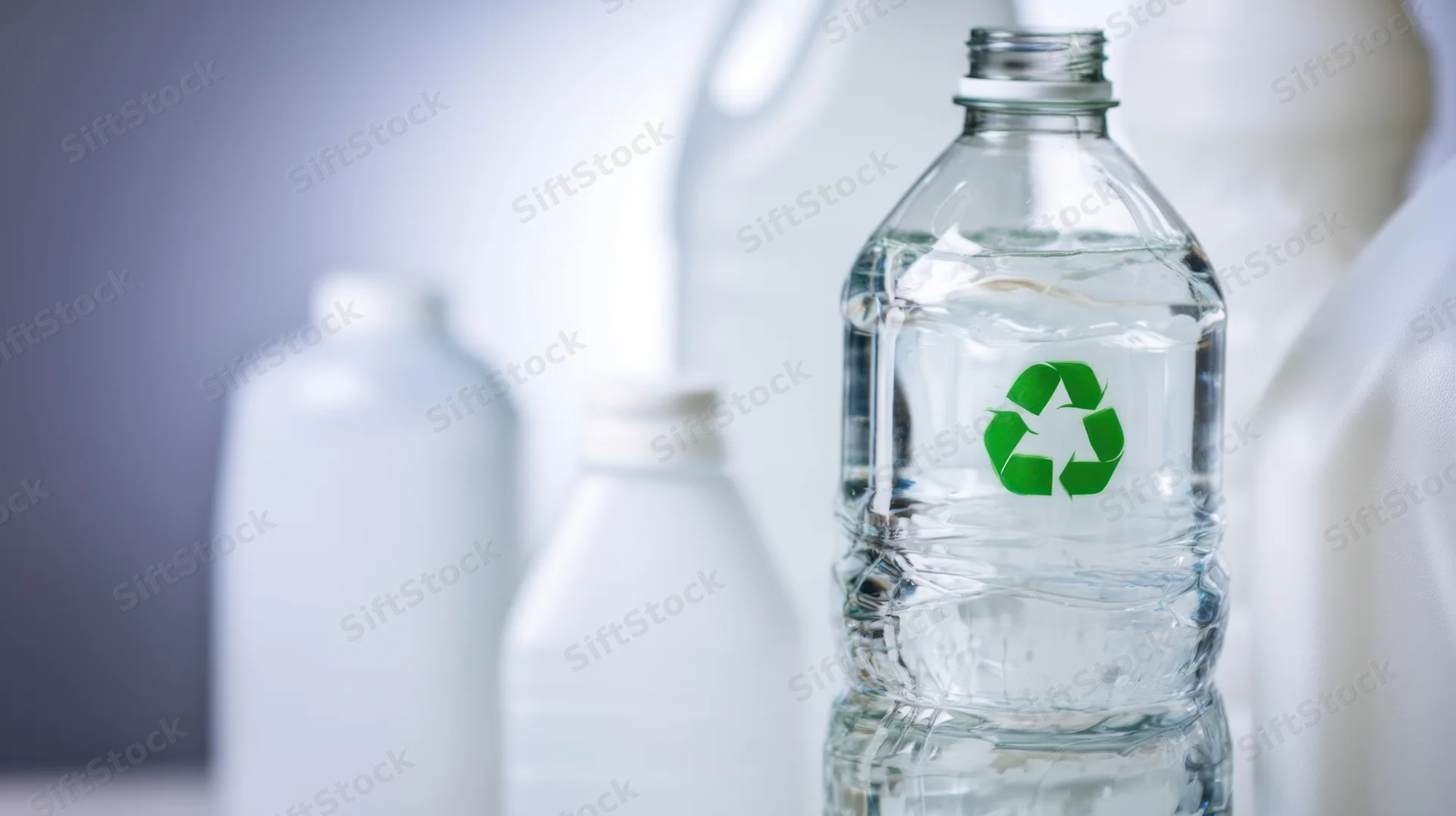 Clear plastic water bottle with green recycling symbol in focus, other bottles blurred in background