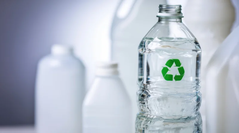 Clear plastic water bottle with green recycling symbol in focus, other bottles blurred in background