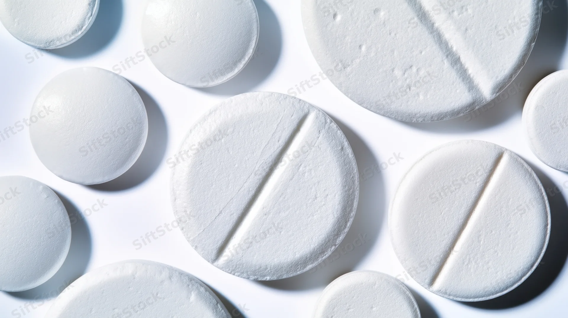 White tablets scattered on a plain white surface with soft shadows