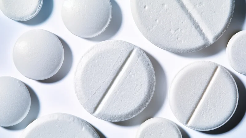 White tablets scattered on a plain white surface with soft shadows