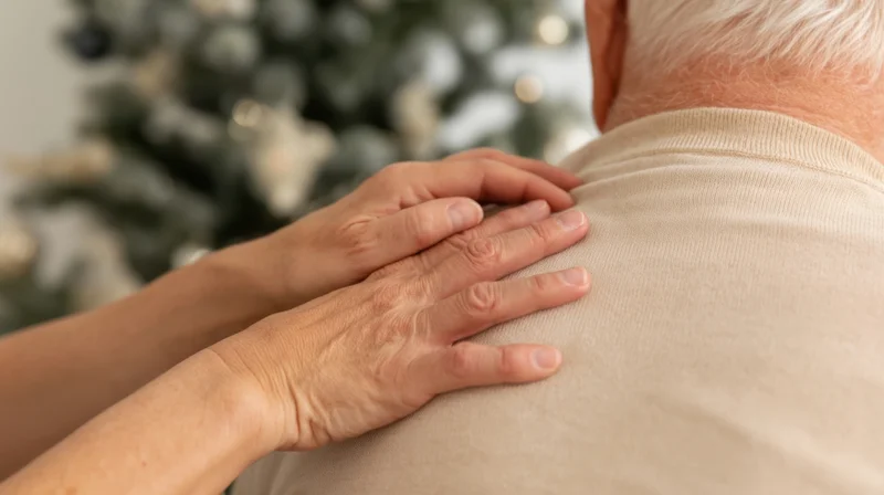 Hands resting on a senior man's back near a decorated christmas tree