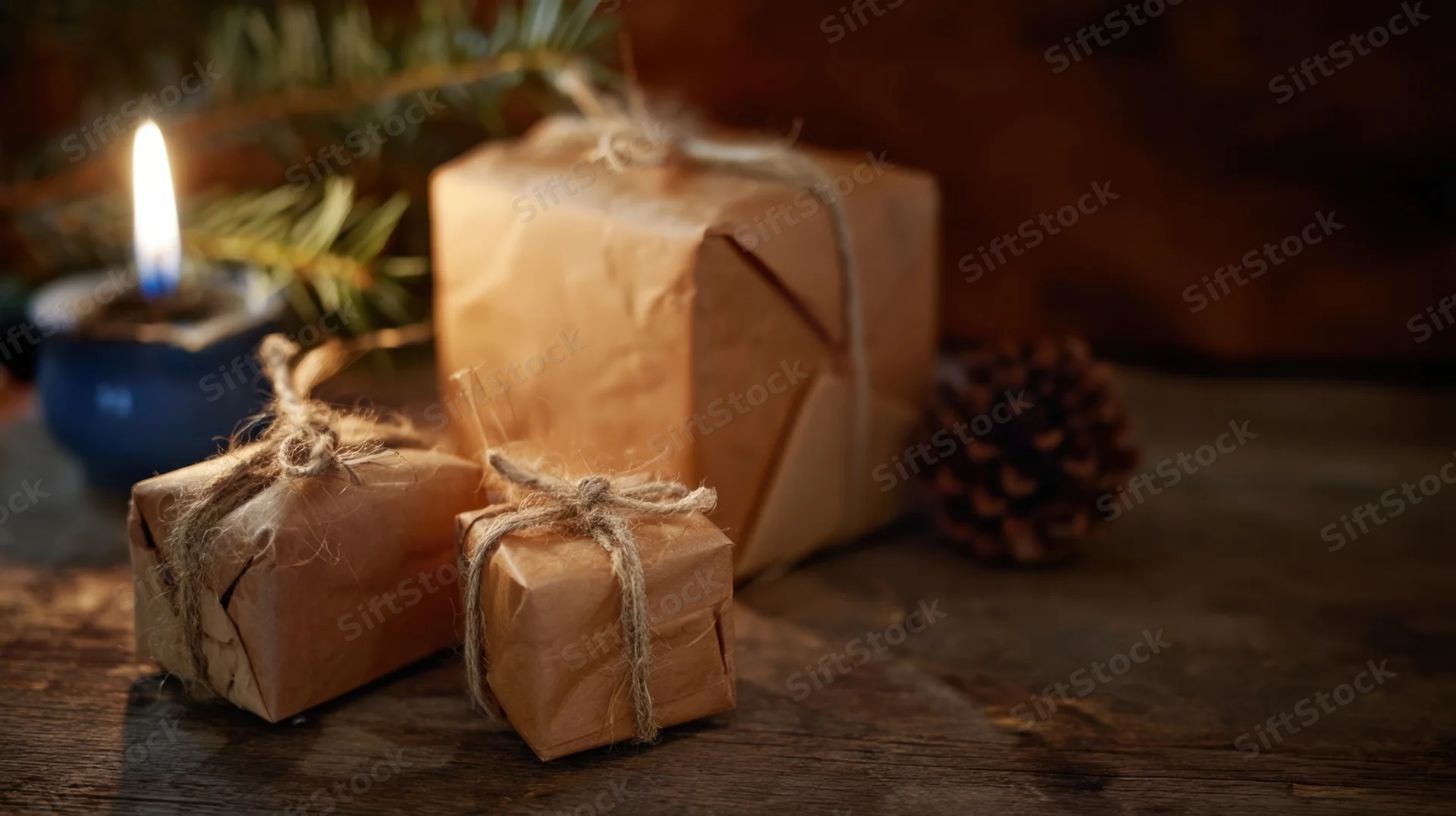Wrapped gifts with twine and a lit candle on a wooden table beside pine branches and a pinecone