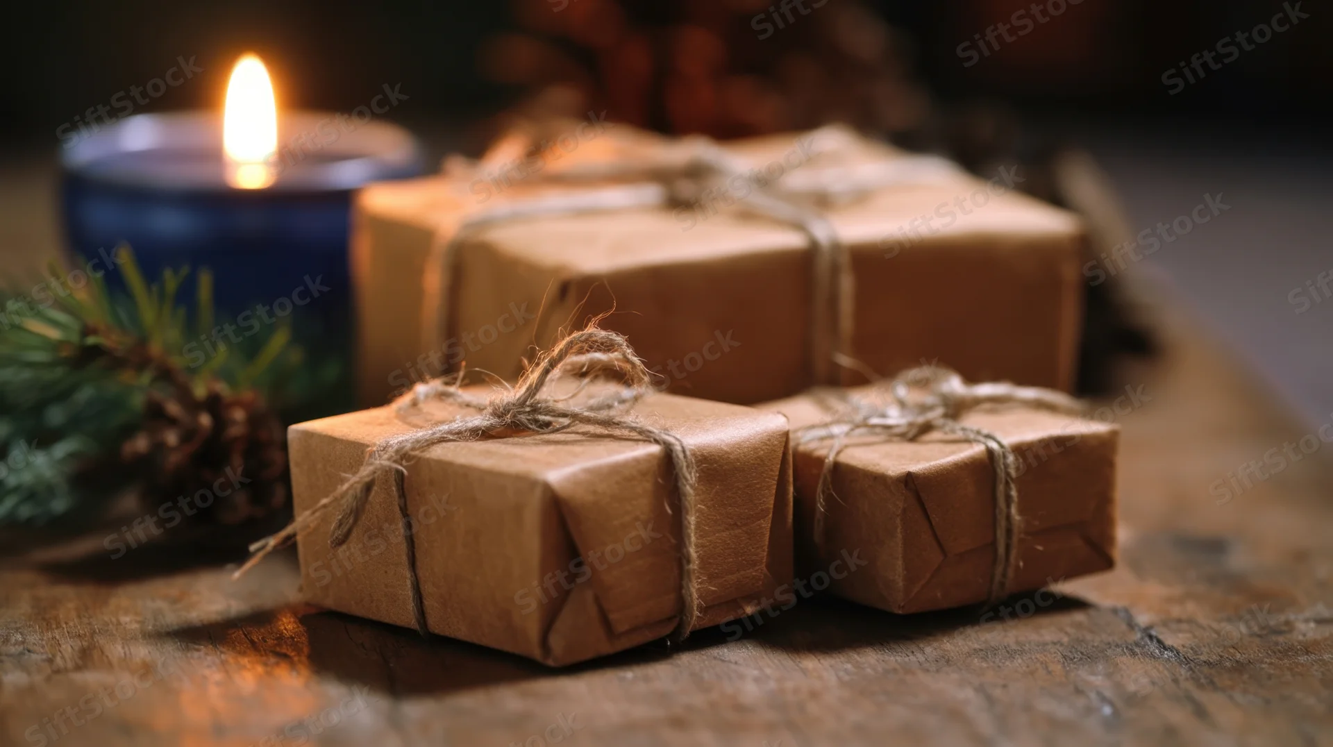 Wrapped gifts tied with twine on a wooden table beside a lit blue candle and pine decorations
