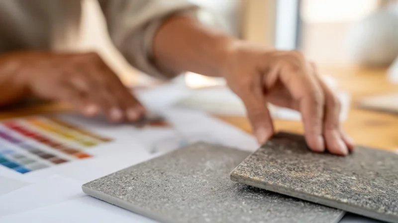 Man selecting stone tile samples on a desk with color swatches for interior design project