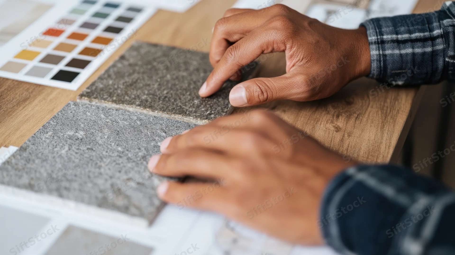 Man selecting flooring material samples on a table