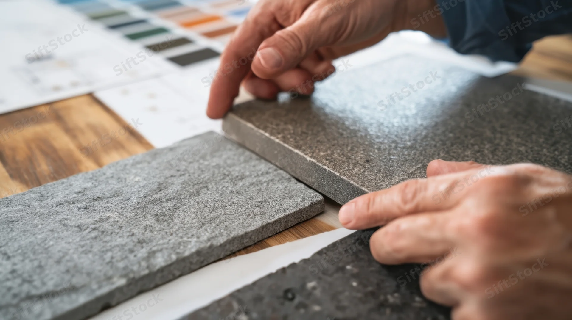 Hands selecting stone countertop samples on a wooden table during interior design planning