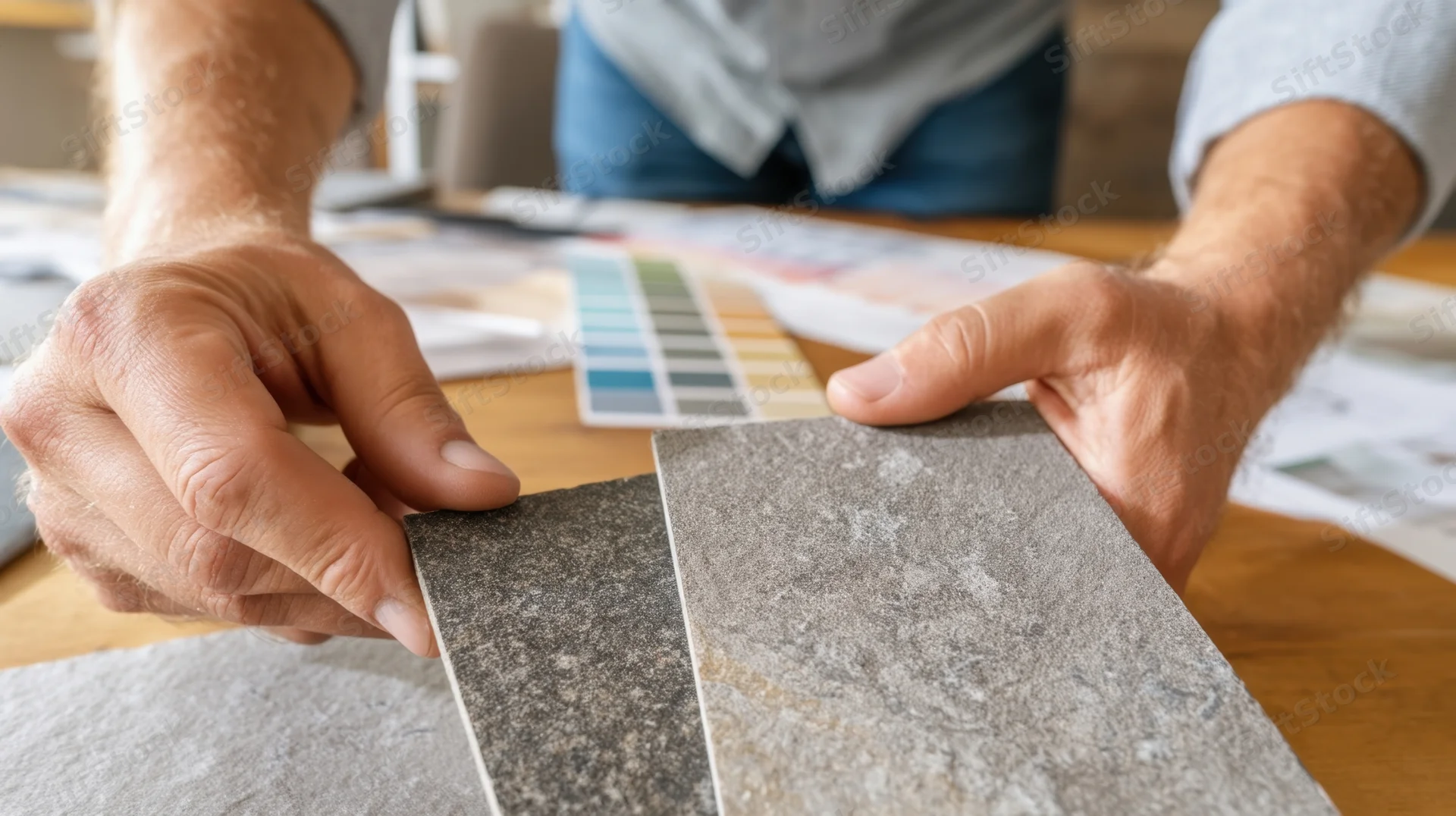 Man comparing tile samples on a wooden table during home renovation planning