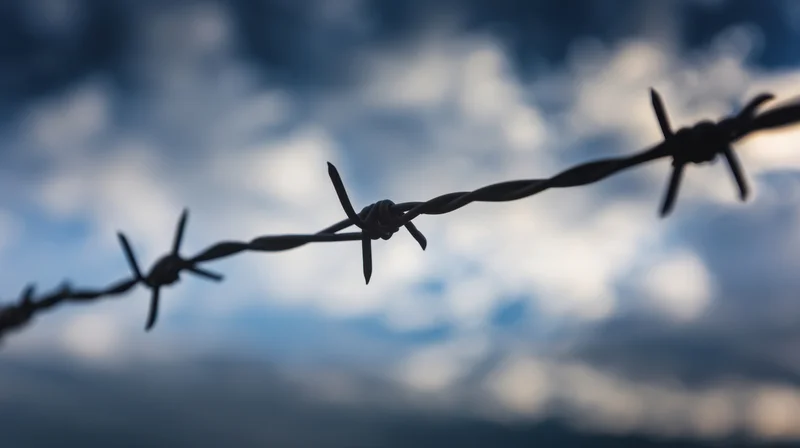 Barbed wire strand silhouetted against a cloudy sky at dusk