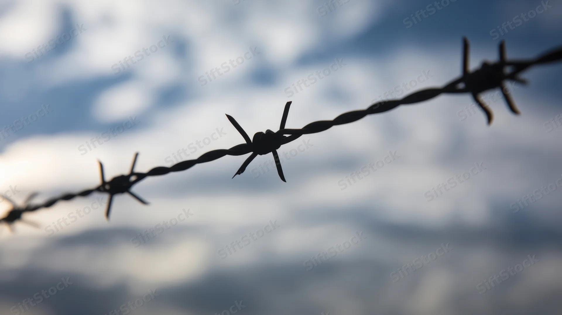 Barbed wire strand silhouetted against a cloudy sky